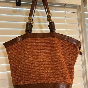 Vintage Lord & Taylor Italian Leather Woven Tote Bag with Chunky Beaded Straps